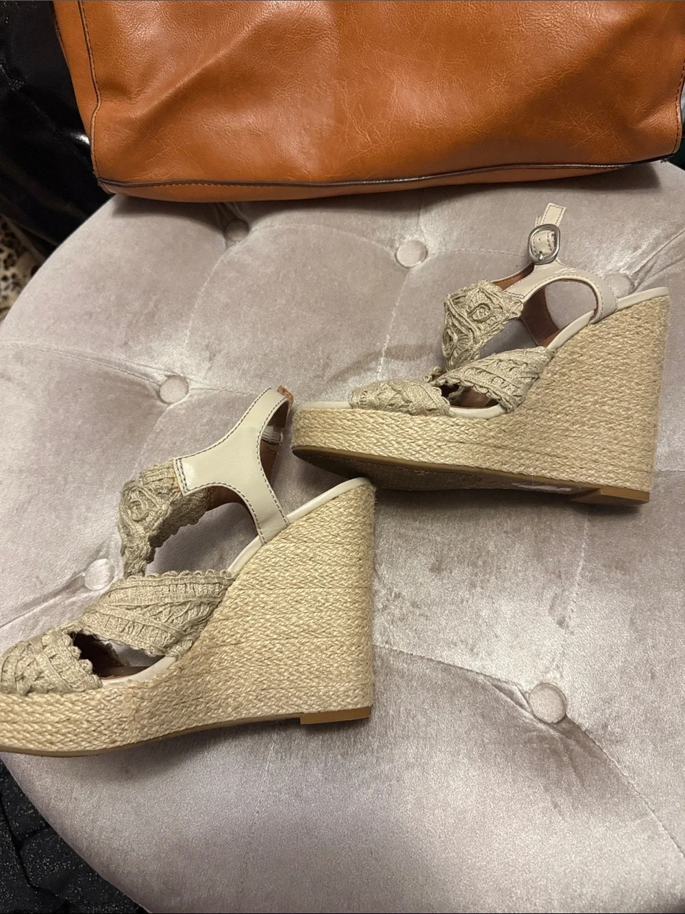 Lucky Brand Beige Macrame Braided Espadrille Wedge Sandals